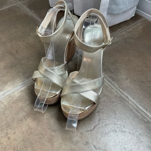 AUTHENTIC Jimmy Choo gold metallic cork wedges, size 39